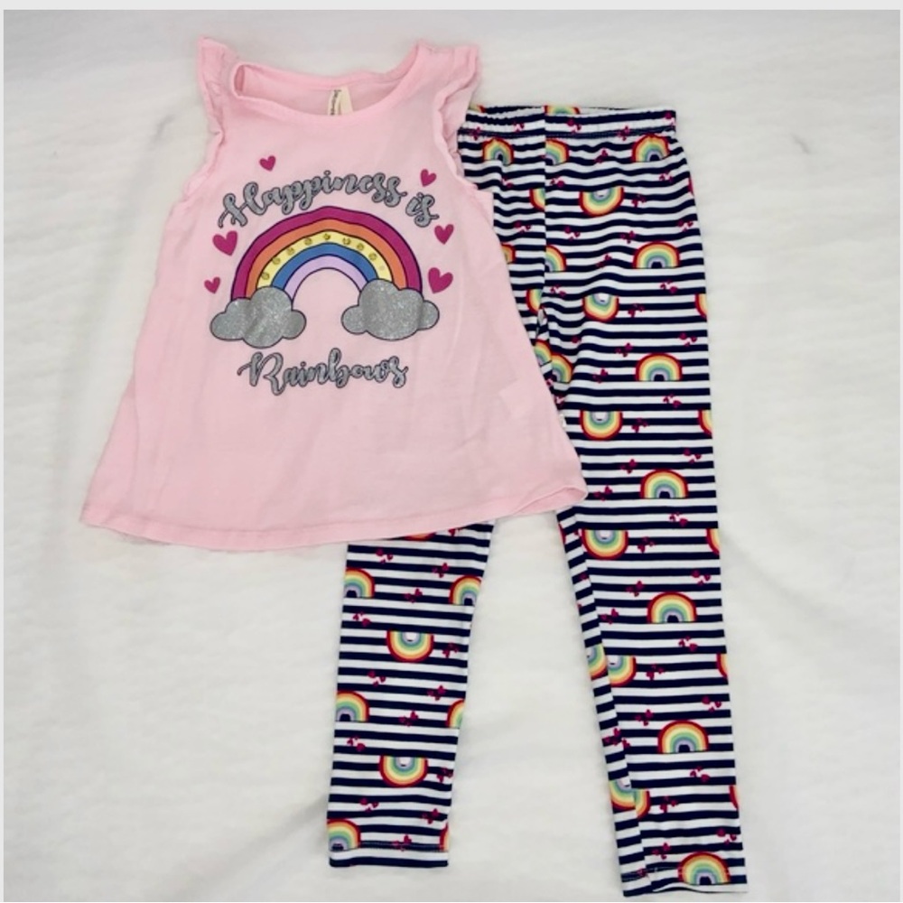 Girl’s Pink Set with Rainbow Graphic and Striped Bottoms Size M 5/6